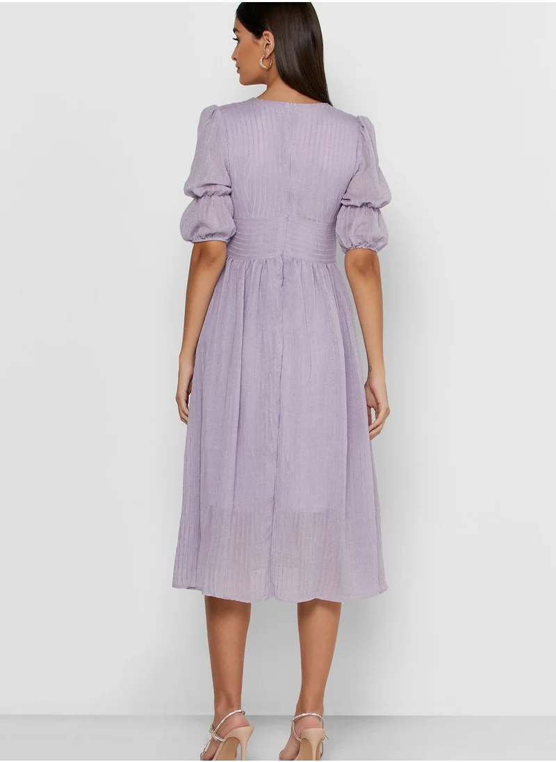 ELLA Puffed Sleeve Button Front Midi Dress