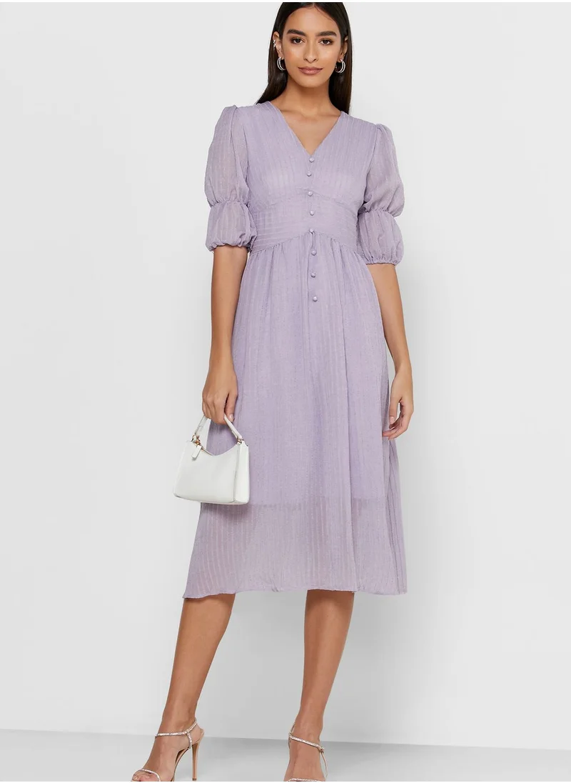 ELLA Puffed Sleeve Button Front Midi Dress