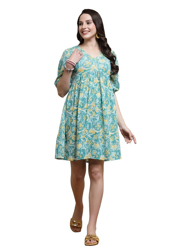 Stylum Women's Floral Printed Cotton Flared Dress Turquoise Blue - Image 1