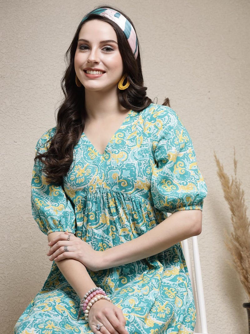Stylum Women's Floral Printed Cotton Flared Dress Turquoise Blue - Image 5