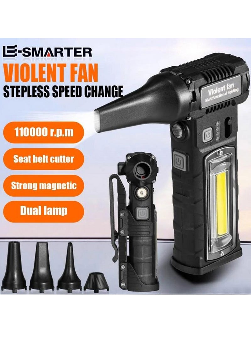 BlueFire SUPER STRONG WIND Rechargeable Handheld Portable Blower & Lantern – 6-in-1 Multifunctional Turbo Fan with COB Red Warning Light, Stepless Speed Control, Magnetic Adsorption, Type-C Charging – for Camping, Car Cleaning, PC Dusting, Emergency Use  - Image 2
