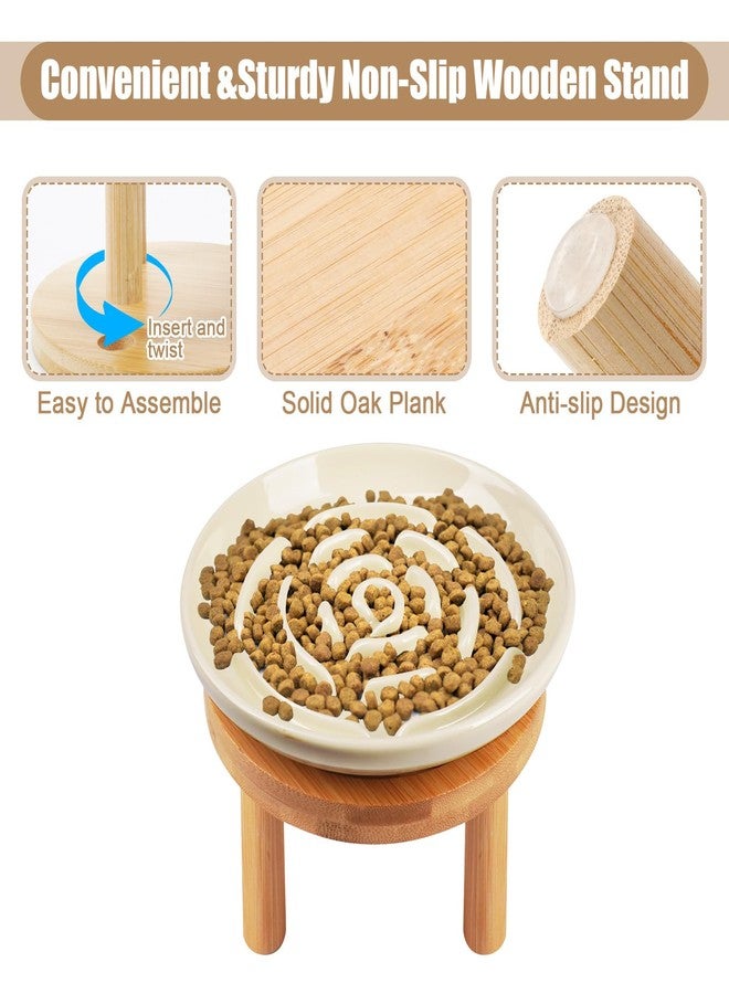 Lfpkixise Elevated Slow Feeder Cat Bowls, Ceramic Cat Slower Feeding Bowl with Bamboo Stand, 5.9 Inch Wide Shallow Cats Bowls Whisker Friendly, Anti Vomiting Cats Slow Feeder for Dry or Wet Food Dishwasher Safe - Image 3