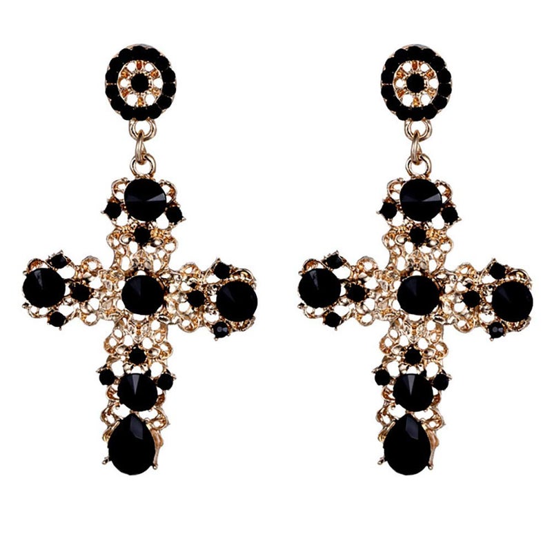 FUTIMELY Cross Earrings,Big Baroque Drop Earrings,Rhinestone Large Cross Earrings,Retro Court Earrings for Women Halloween Christmas Gifts (Black) - Image 1