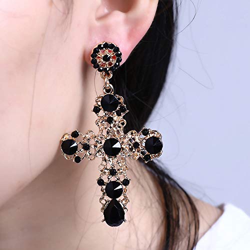 FUTIMELY Cross Earrings,Big Baroque Drop Earrings,Rhinestone Large Cross Earrings,Retro Court Earrings for Women Halloween Christmas Gifts (Black) - Image 2