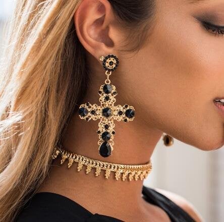 FUTIMELY Cross Earrings,Big Baroque Drop Earrings,Rhinestone Large Cross Earrings,Retro Court Earrings for Women Halloween Christmas Gifts (Black) - Image 3