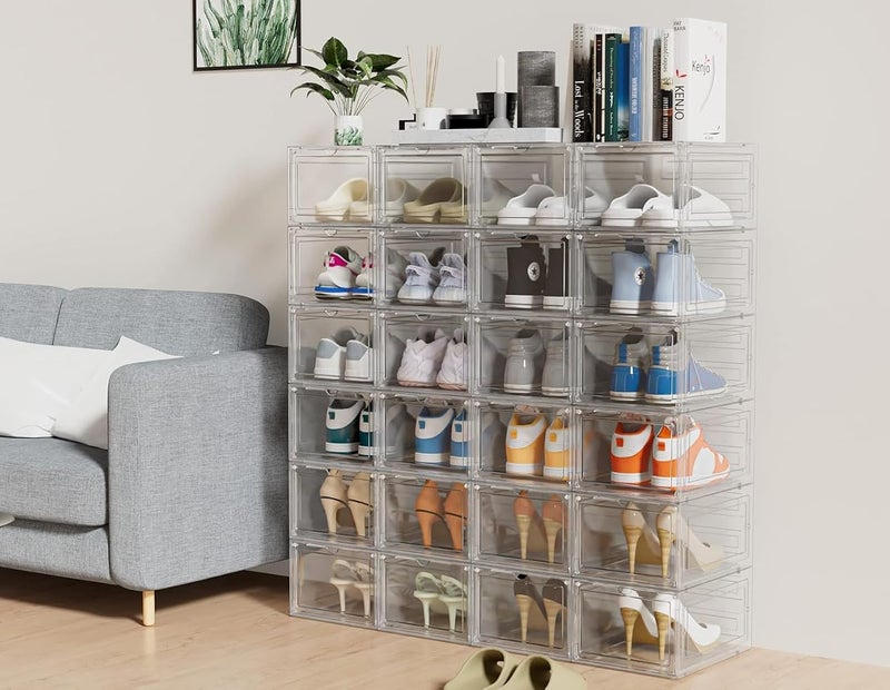 XVersion Shoe Box, Shoe Storage Boxes Clear Plastic Stackable, 6-pack front open shoe box, Transparent shoe Organizer Containers with Lids for Women/Men34.5 x 27 x 18.5 cm(White, 6pcs) - Image 4