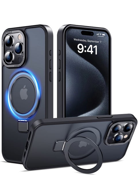 iPhone 15 Pro Max MagSafe Case with Magnetic Invisible Stand,【Full Shockproof Protection】Matte Back Phone Cover with Magnet Kickstand for Apple 15 Pro Max (2023)(Black)