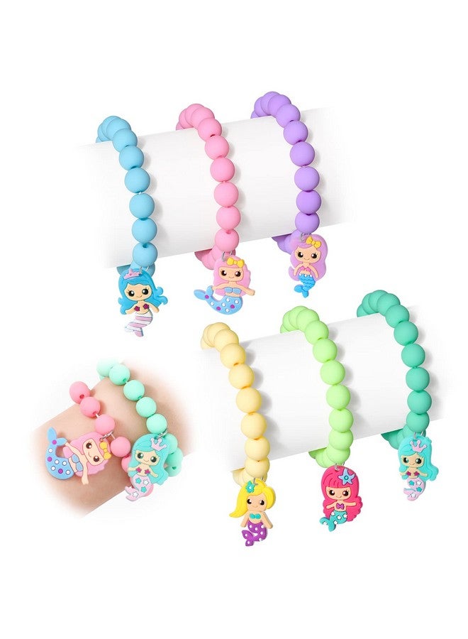 Hifot 6 Pieces Mermaid Beaded Bracelets For Girls Silicone Mermaid Pendant Bracelet Kids Jewelry Bracelets Set Princess Dress Up Party Favor Gift (Random Colors) - Image 1