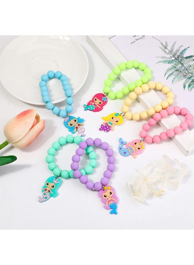 Hifot 6 Pieces Mermaid Beaded Bracelets For Girls Silicone Mermaid Pendant Bracelet Kids Jewelry Bracelets Set Princess Dress Up Party Favor Gift (Random Colors) - Image 3