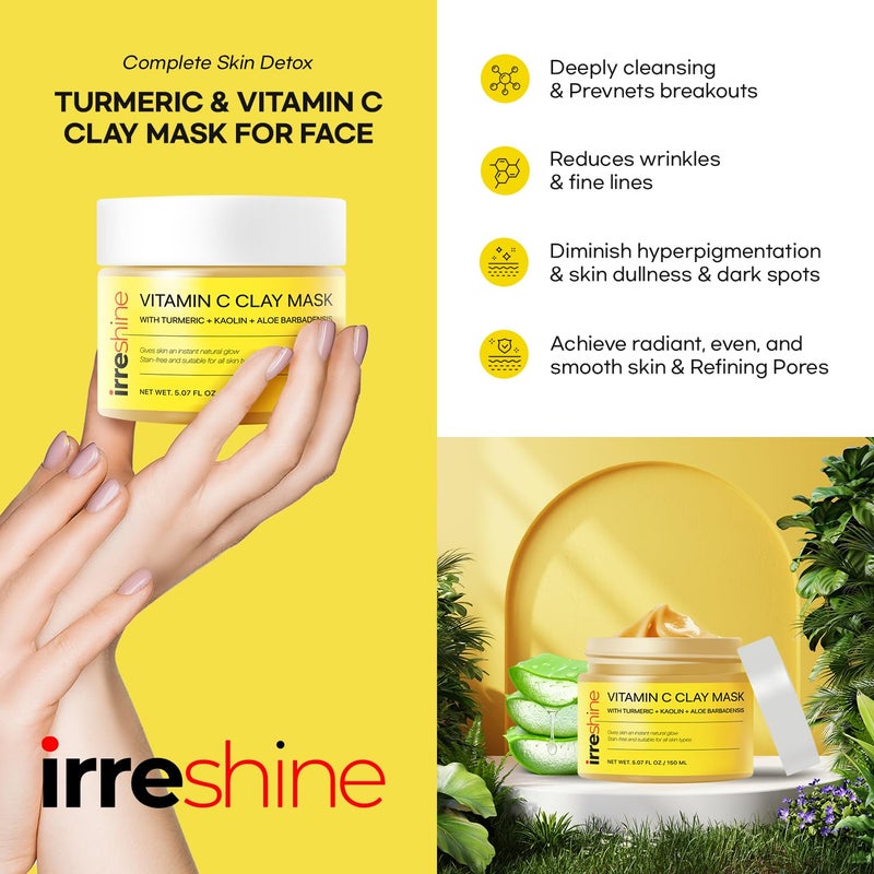 irreshine Turmeric Vitamin C Clay Mask: Turmeric Face Mask Vitamin C Clay Mask Clay Mask for Face Clay Face Mask - Vitamin C Clay Mask with Turmeric Vitamin C Face Mask 5.07oz/150ml - Image 2
