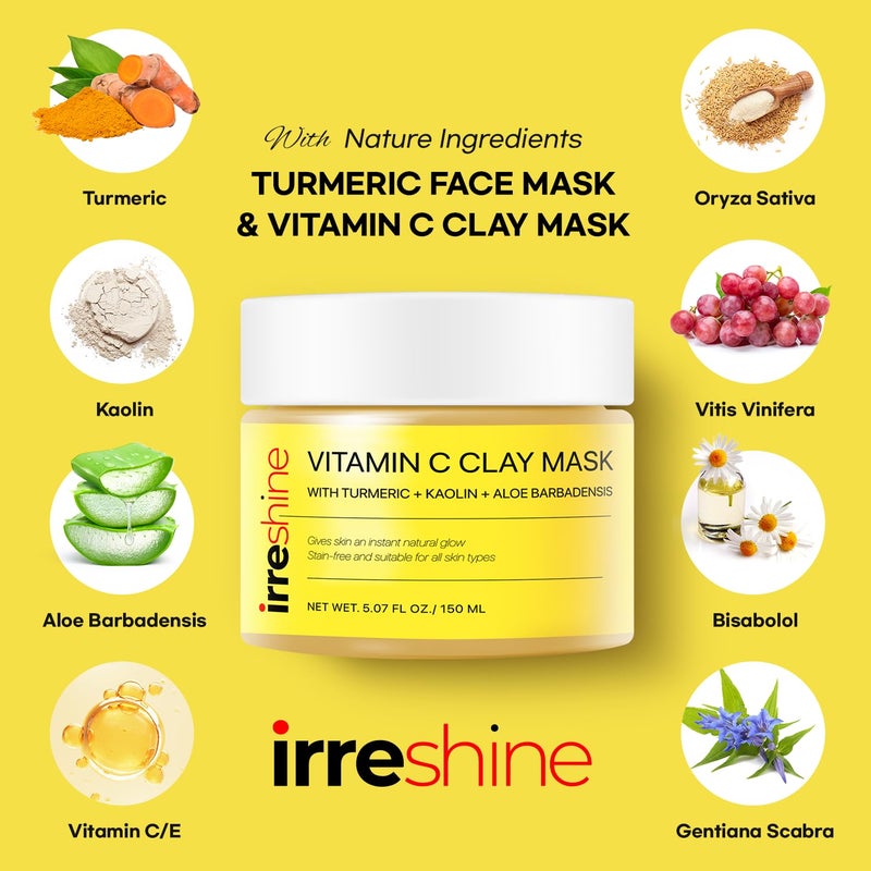 irreshine Turmeric Vitamin C Clay Mask: Turmeric Face Mask Vitamin C Clay Mask Clay Mask for Face Clay Face Mask - Vitamin C Clay Mask with Turmeric Vitamin C Face Mask 5.07oz/150ml - Image 3