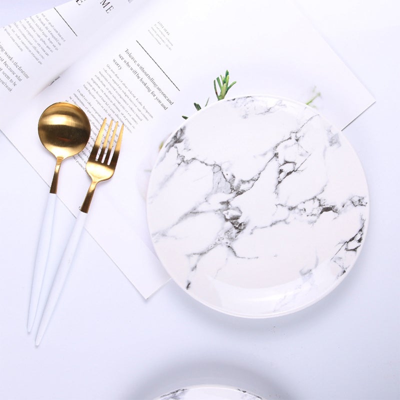 8 inch Round Ceramic Plate Porcelain Food Dish Marble Pattern Fruit Spaghetti Plate for Breakfast Lunch Dinner - Image 5