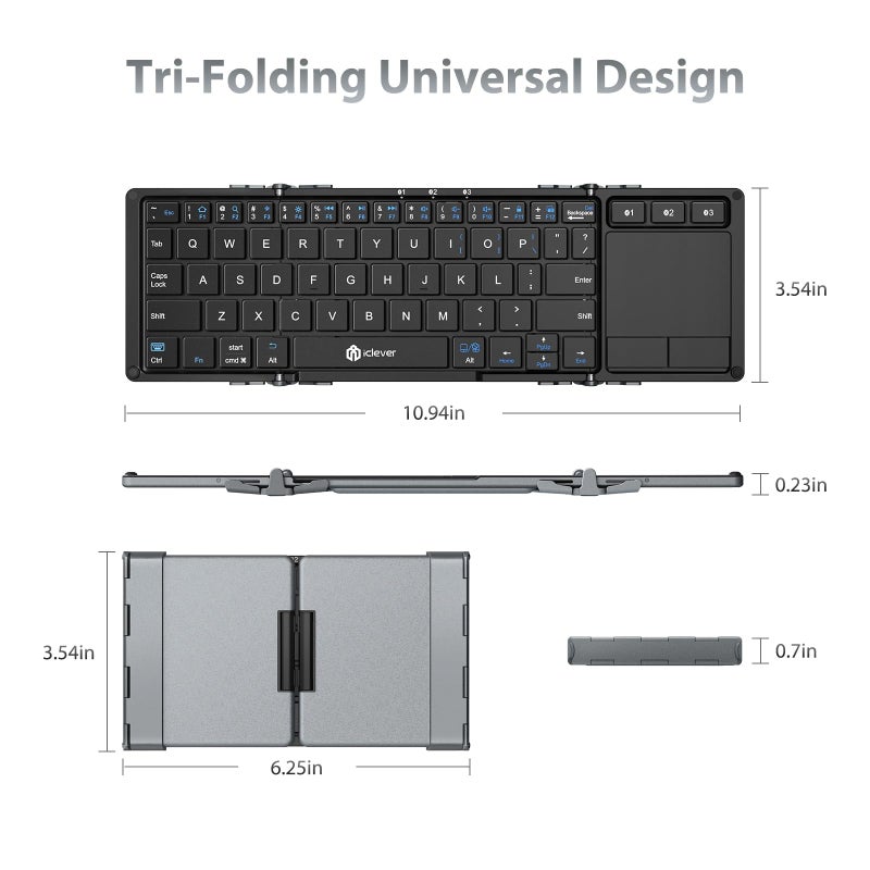 iClever Foldable Keyboard with Touchpad, BK08 Portable Tri-Folding Bluetooth Keyboard for iPad, iPhone, Windows, Mac & Android â€” Connect Up to 3 Devices - Image 5