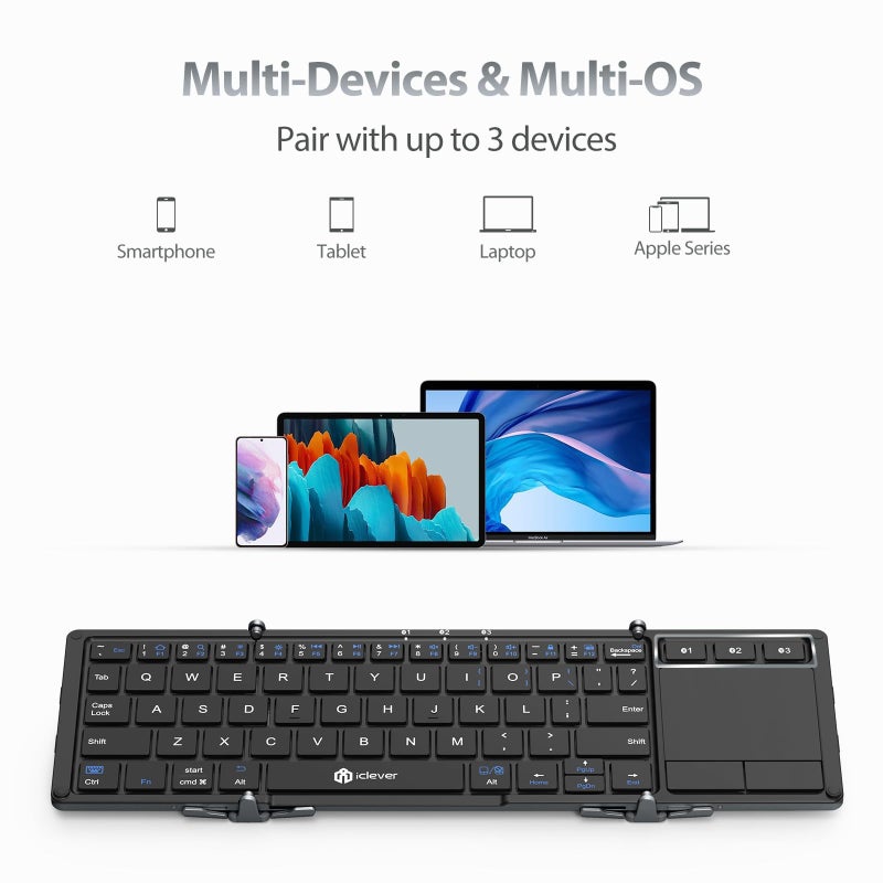 iClever Foldable Keyboard with Touchpad, BK08 Portable Tri-Folding Bluetooth Keyboard for iPad, iPhone, Windows, Mac & Android â€” Connect Up to 3 Devices - Image 2