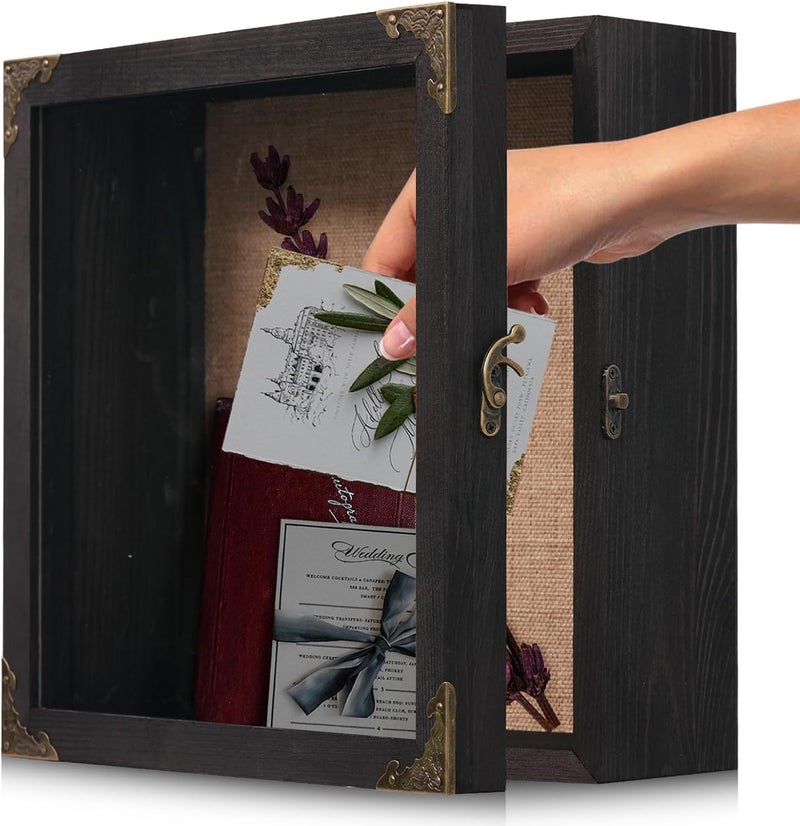 KAASTHAA 11x11 Inch Deep Shadow Box Frame 4.5" Depth, Black Solid Wood Display Case with Acrylic Door, Vintage Metal Corners, Memory Box for Medals Photos Coins Awards Wedding Keepsakes Military Memorial Gifts - Image 2