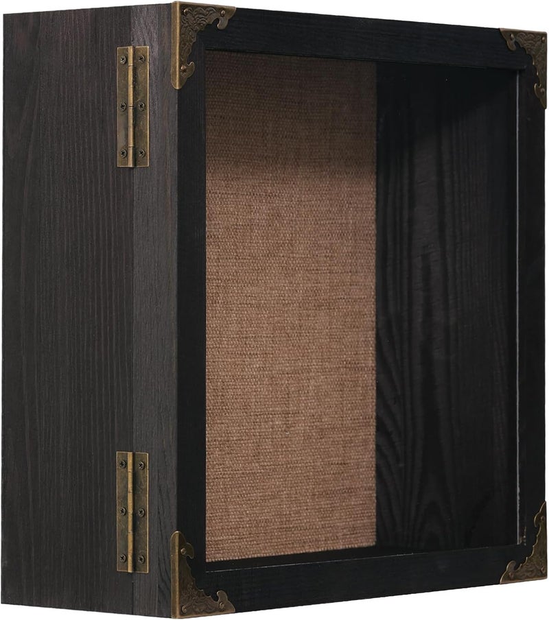 KAASTHAA 11x11 Inch Deep Shadow Box Frame 4.5" Depth, Black Solid Wood Display Case with Acrylic Door, Vintage Metal Corners, Memory Box for Medals Photos Coins Awards Wedding Keepsakes Military Memorial Gifts - Image 5