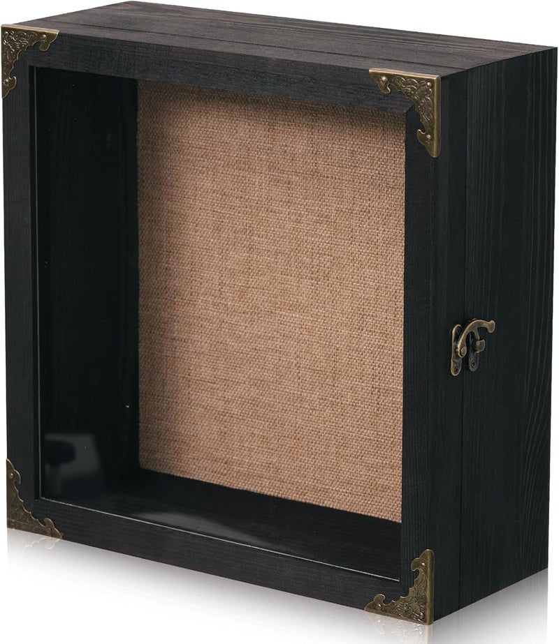 KAASTHAA 11x11 Inch Deep Shadow Box Frame 4.5" Depth, Black Solid Wood Display Case with Acrylic Door, Vintage Metal Corners, Memory Box for Medals Photos Coins Awards Wedding Keepsakes Military Memorial Gifts - Image 1