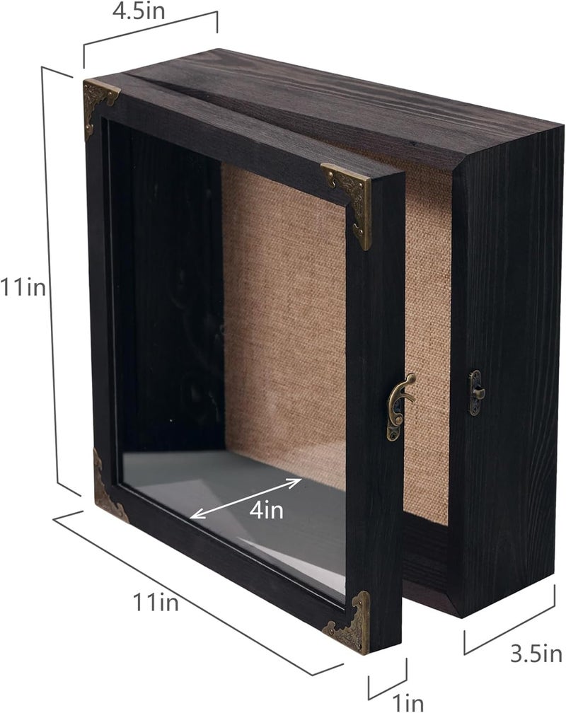KAASTHAA 11x11 Inch Deep Shadow Box Frame 4.5" Depth, Black Solid Wood Display Case with Acrylic Door, Vintage Metal Corners, Memory Box for Medals Photos Coins Awards Wedding Keepsakes Military Memorial Gifts - Image 3