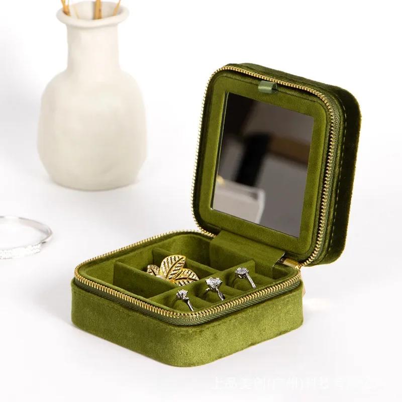 A generation of top grade beauty flannel jewelry box storage earrings storage box earrings portable jewelry bag mini(Avocado Green) - Image 2
