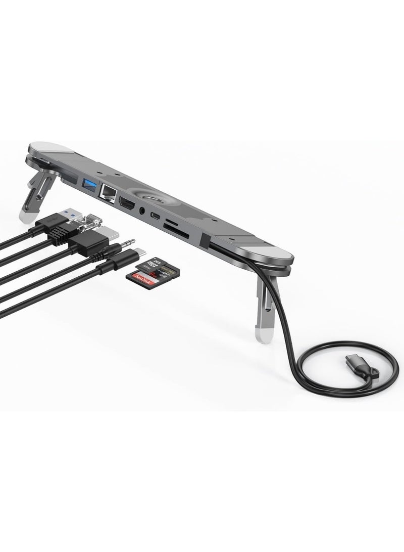 قاعدة إرساء للكمبيوتر المحمول USB-C مع حامل، محور USB-C متعدد المنافذ 7 في 1 مزود بمنفذ HDMI بدقة 4K، وإيثرنت جيجابت، وUSB-A 3.0، وشحن PD بقوة 100 واط، محطة إرساء عالمية متوافقة مع MacBook Pro/Air وDell وHP وSurface وLenovo - Image 1