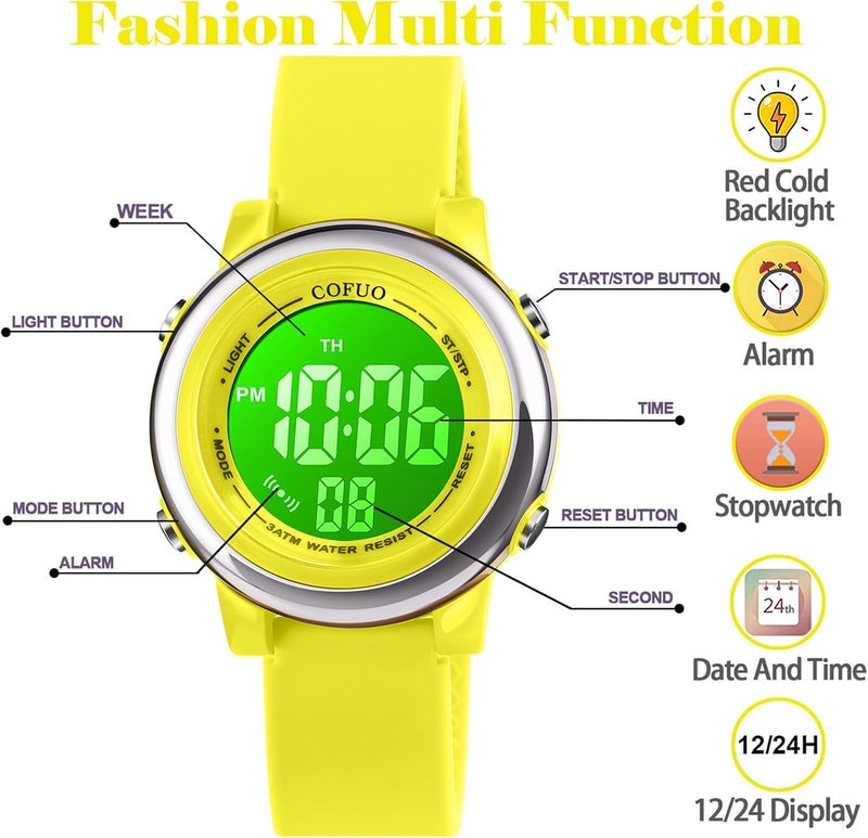 cofuo Kids Digital Sport Waterproof Watch for Girls Boys, Kid Sports Outdoor LED Electrical Watches with Luminous Alarm Stopwatch Child Wristwatch - Image 3