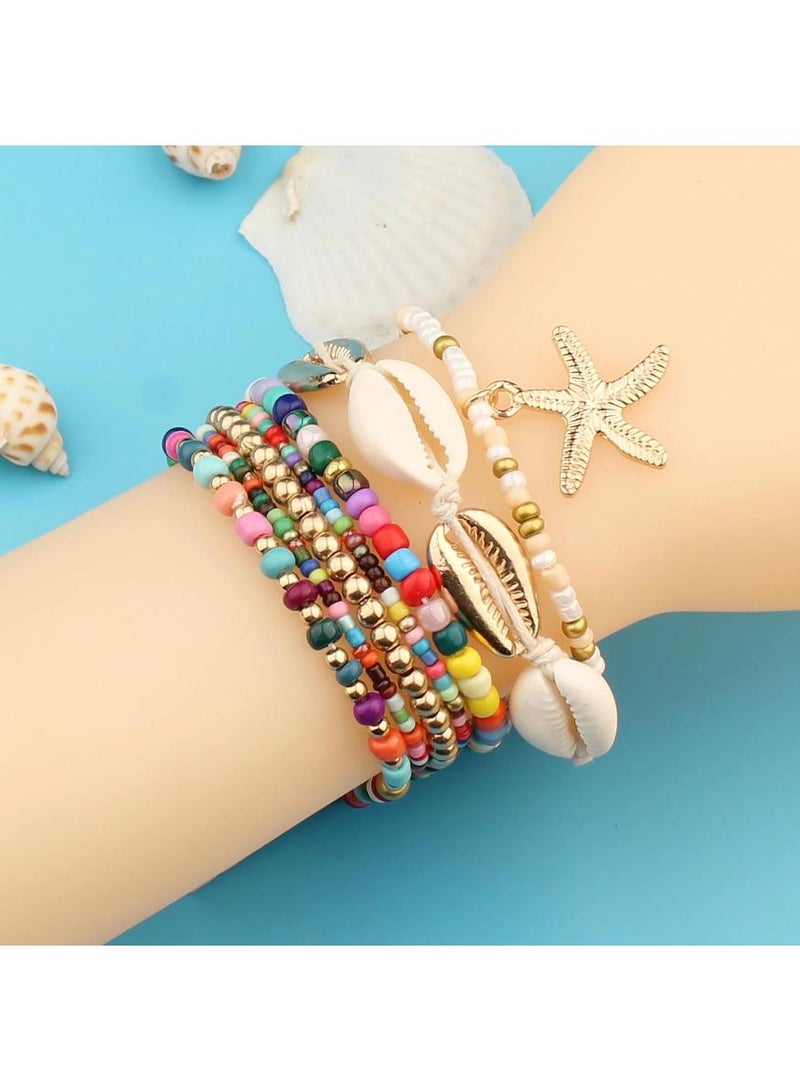 KHAJUL 7-Piece Bohemian Style Beaded Bracelets, Shell Colourful Rice Beads, Star Coral Bracelet Starfish Pendant for Women - Image 5