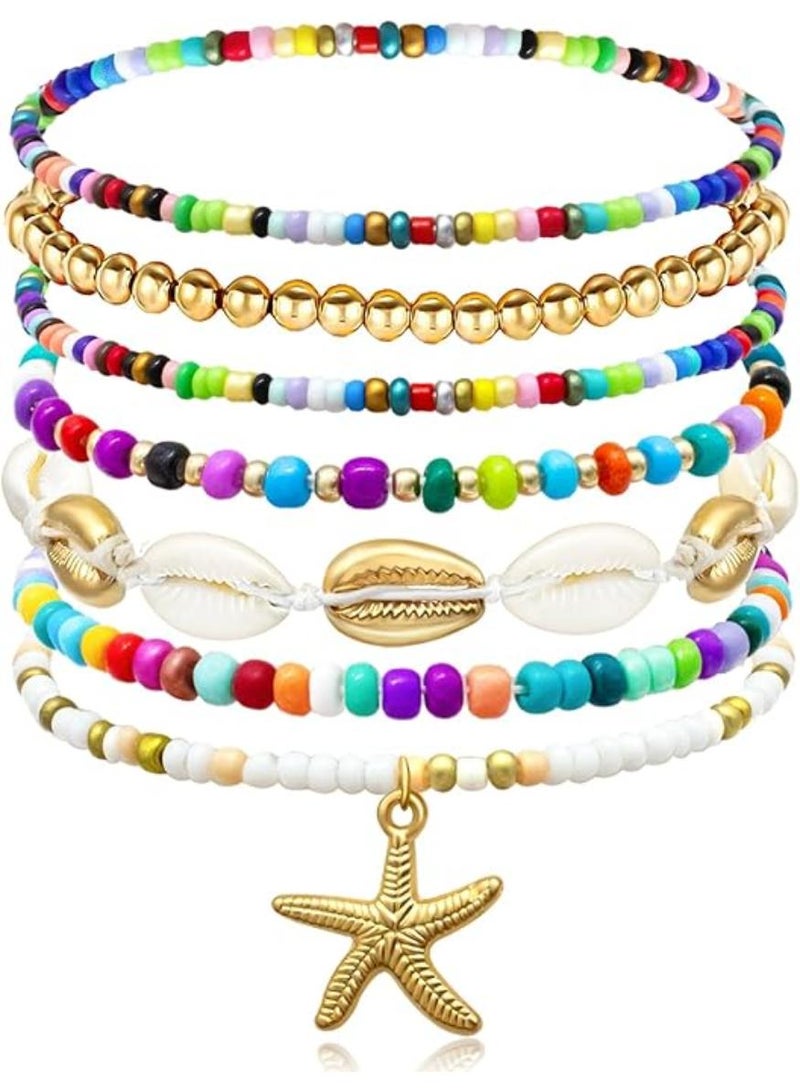 KHAJUL 7-Piece Bohemian Style Beaded Bracelets, Shell Colourful Rice Beads, Star Coral Bracelet Starfish Pendant for Women - Image 2