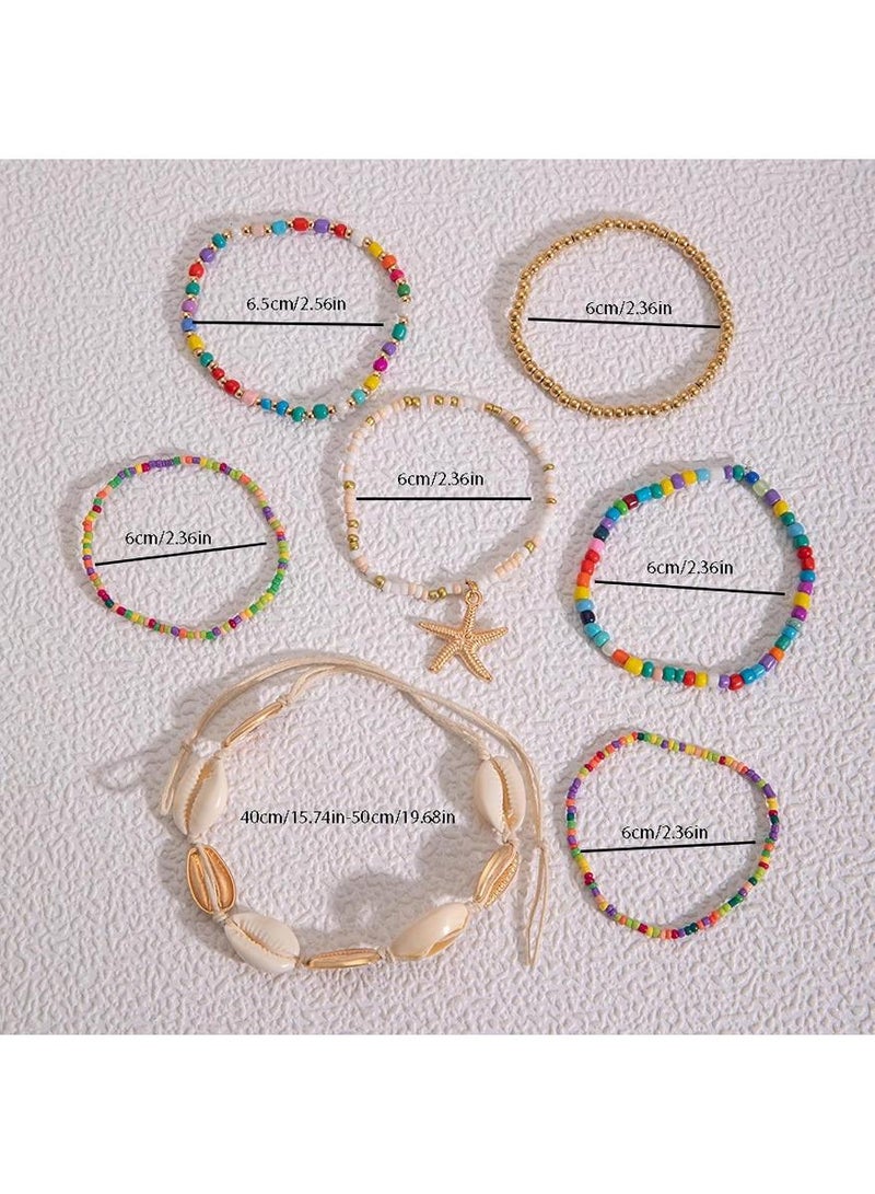 KHAJUL 7-Piece Bohemian Style Beaded Bracelets, Shell Colourful Rice Beads, Star Coral Bracelet Starfish Pendant for Women - Image 3