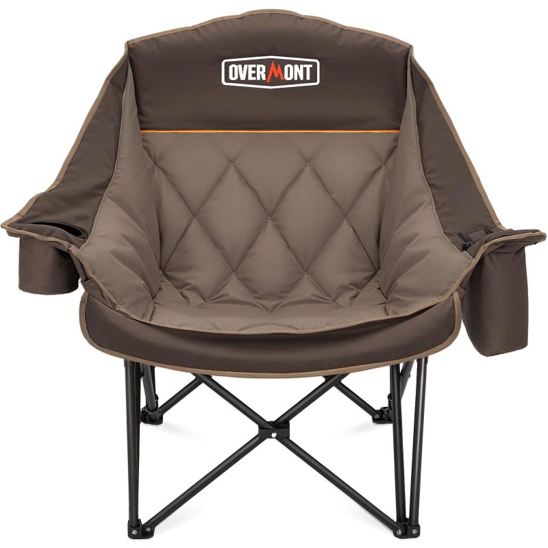 Overmont Oversized XL Camping Chair for Adults - 400lbs Support Heavy-Duty Padded Folding Chair with Side Pocket Cup Holder Cooling Bag for Outdoor Sports Garden Beach Fishing Lawn Khaki - Image 1