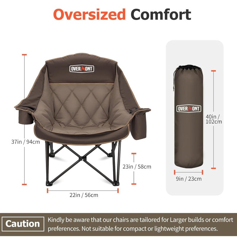 Overmont Oversized XL Camping Chair for Adults - 400lbs Support Heavy-Duty Padded Folding Chair with Side Pocket Cup Holder Cooling Bag for Outdoor Sports Garden Beach Fishing Lawn Khaki - Image 3