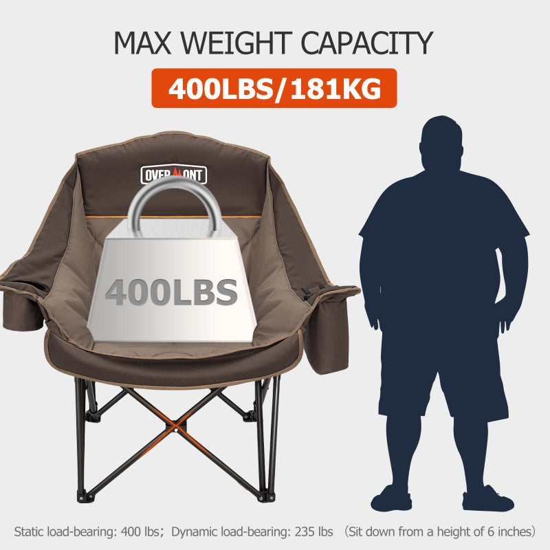 Overmont Oversized XL Camping Chair for Adults - 400lbs Support Heavy-Duty Padded Folding Chair with Side Pocket Cup Holder Cooling Bag for Outdoor Sports Garden Beach Fishing Lawn Khaki - Image 5