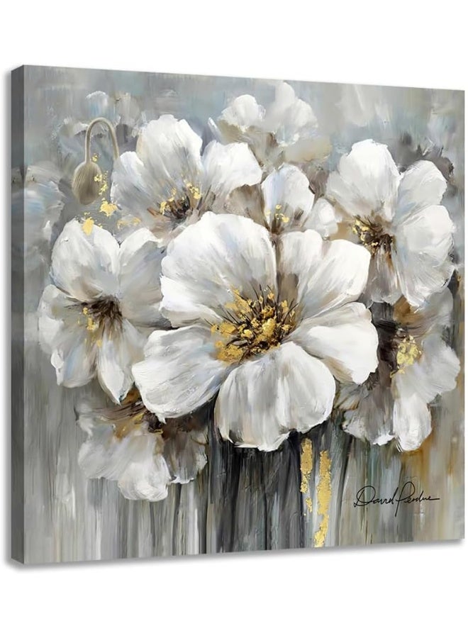 Woxfcart Flower Picture Decor Wall Art White and Gray Floral with Gold for Bedroom Bathroom Walls Decoration, Canvas Framed 12x12 - Image 1