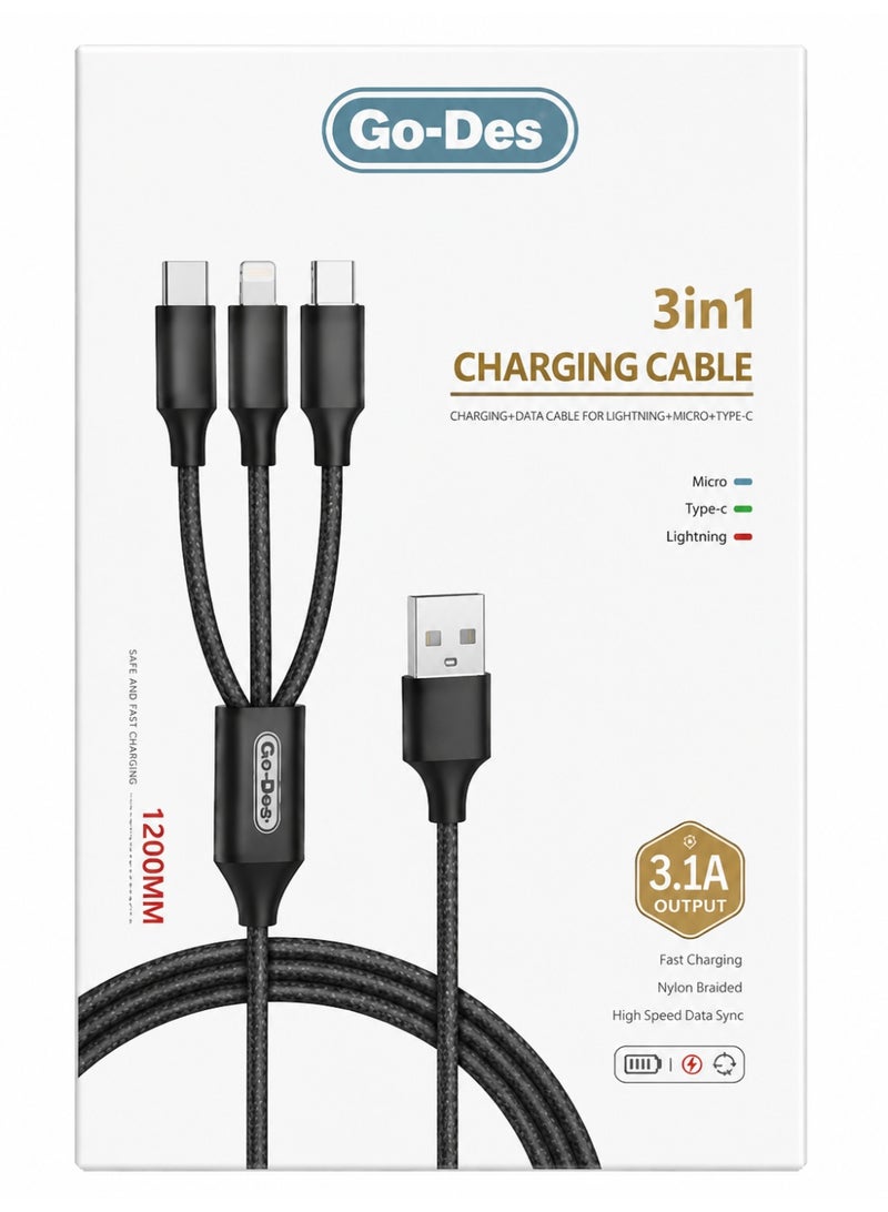 Go-Des Multi Charging Universal Cable 3 IN 1 l USB to Type C l Micro USB l Lightning Connector l Nylon Braided l 3.1A Ultra Fast Data Transfer l Compatible With Apple/Android l 1200 MM Length l Black