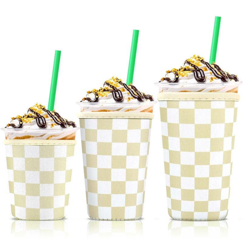 KPX 3 Pack Iced Coffee Cup Sleeve for Large Sized Cups, Reusable Neoprene Iced Coffee Cup Holder for Hot Cold Drinks, Compatible with Starbucks, Dunkin Donuts, and More（Khaki Checkered） - Image 1