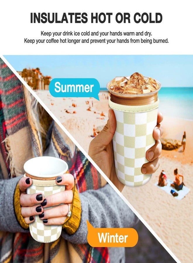 KPX 3 Pack Iced Coffee Cup Sleeve for Large Sized Cups, Reusable Neoprene Iced Coffee Cup Holder for Hot Cold Drinks, Compatible with Starbucks, Dunkin Donuts, and More（Khaki Checkered） - Image 4