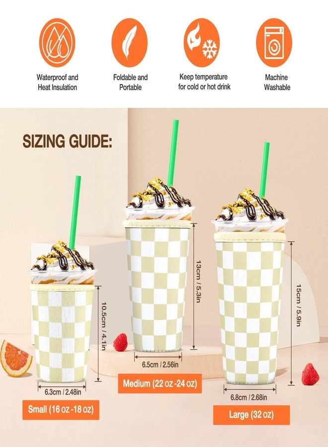 KPX 3 Pack Iced Coffee Cup Sleeve for Large Sized Cups, Reusable Neoprene Iced Coffee Cup Holder for Hot Cold Drinks, Compatible with Starbucks, Dunkin Donuts, and More（Khaki Checkered） - Image 2