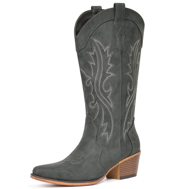 IUV Cowboy Boots For Women Western Cowgirl Boots with Chunky Heel Mid Calf Snip Toe Ideal for low insteps - Image 4