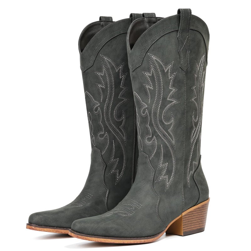 IUV Cowboy Boots For Women Western Cowgirl Boots with Chunky Heel Mid Calf Snip Toe Ideal for low insteps - Image 1