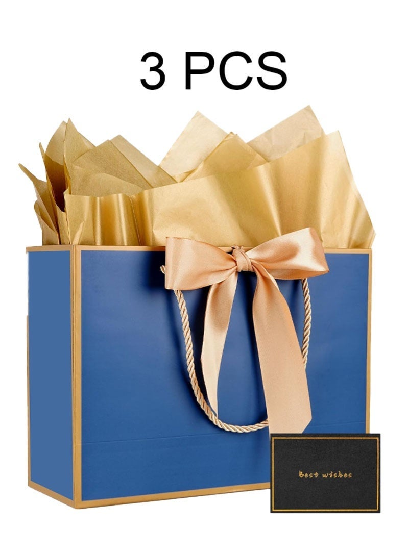 Neox 3 Pcs Blue Large Gift Bags, Paper Bags with Ribbon, Greeting Cards and Tissue Paper, Portable Party Bags with Handles, Birthday Gift Bags, Present Bags for Wedding Party, Party Supplies - Image 1