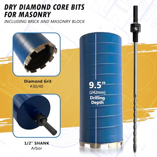 EDiamondTools 4-1/2" Dry Diamond Core Drill Bits for Brick and Block with 1/2" Shank Pilot Bit Adapter, 9.5" Drilling Depth, 5/8"-11 Arbor - Image 2