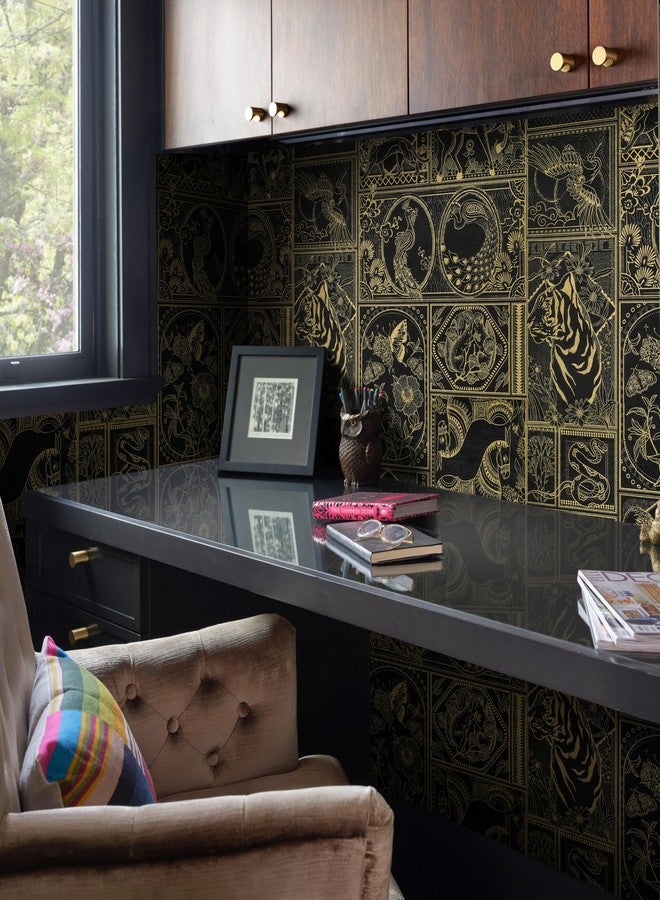 Erfoni Peel and Stick Wallpaper Black and Gold Wallpaper Retro Wallpaper Peel and Stick Contact Paper Animal Pattern Self Adhsive Wallpaper Removable Waterproof Wallpaper for Shelf Cabinet 78.7"x17.7" - Image 4