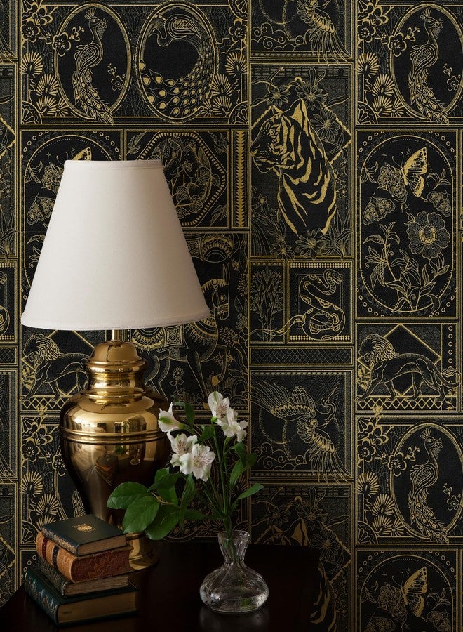 Erfoni Peel and Stick Wallpaper Black and Gold Wallpaper Retro Wallpaper Peel and Stick Contact Paper Animal Pattern Self Adhsive Wallpaper Removable Waterproof Wallpaper for Shelf Cabinet 78.7"x17.7" - Image 1