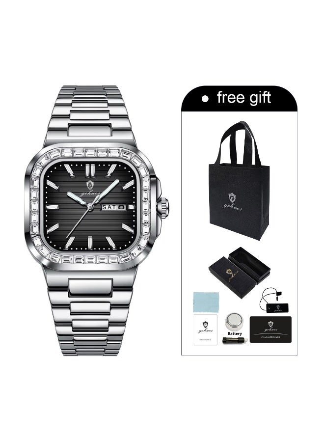 جوهوس ساعة يد رجالية فاخرة بتقنية الكرونوغراف التناظري - مربعة الشكل 39 مم، من الفولاذ المقاوم للصدأ، مقاومة للماء حتى عمق 30 مترًا، عرض التاريخ، كوارتز (هدية عمل غير رسمية) - Image 2