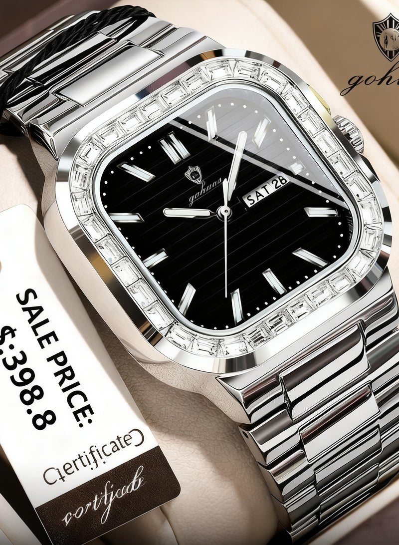 جوهوس ساعة يد رجالية فاخرة بتقنية الكرونوغراف التناظري - مربعة الشكل 39 مم، من الفولاذ المقاوم للصدأ، مقاومة للماء حتى عمق 30 مترًا، عرض التاريخ، كوارتز (هدية عمل غير رسمية) - Image 1