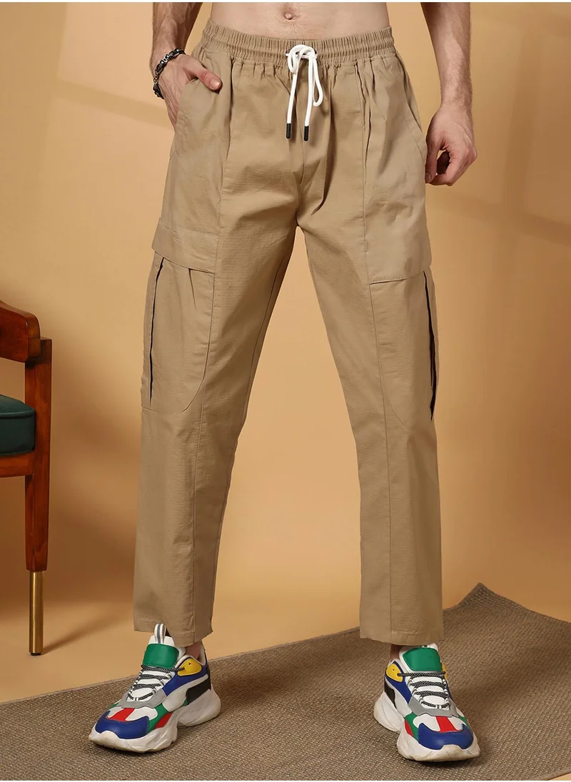 Campus Sutra Men's Khaki Brown Solid Utility Trousers