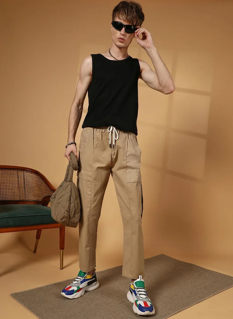 Campus Sutra Men's Khaki Brown Solid Utility Trousers