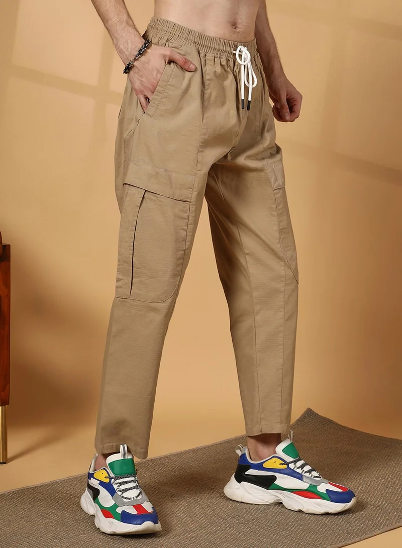 Campus Sutra Men's Khaki Brown Solid Utility Trousers