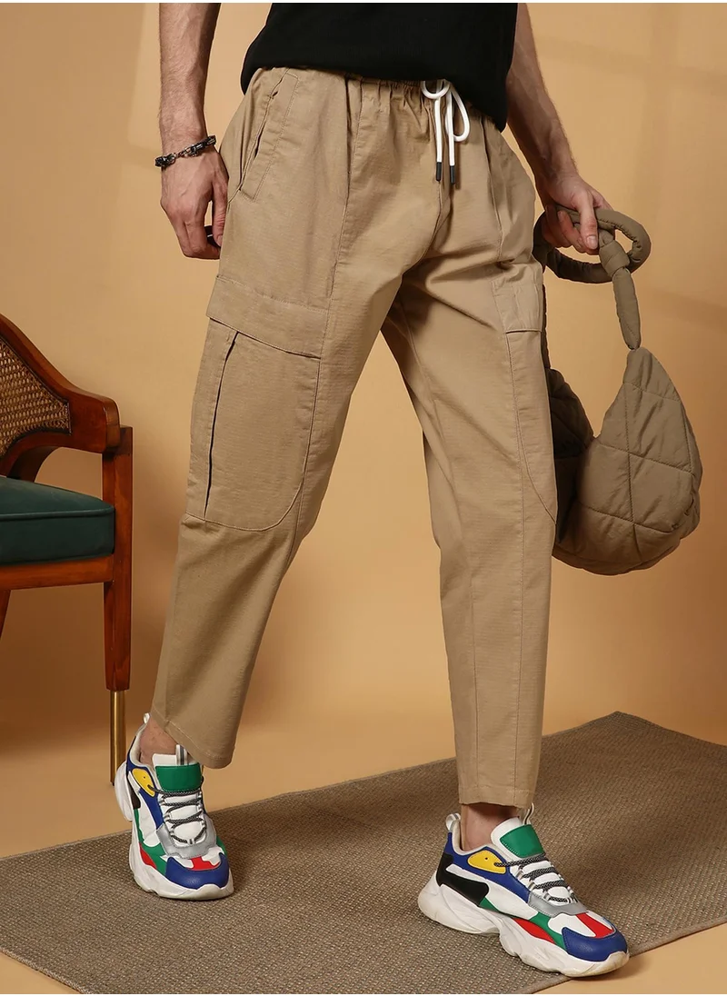Campus Sutra Men's Khaki Brown Solid Utility Trousers