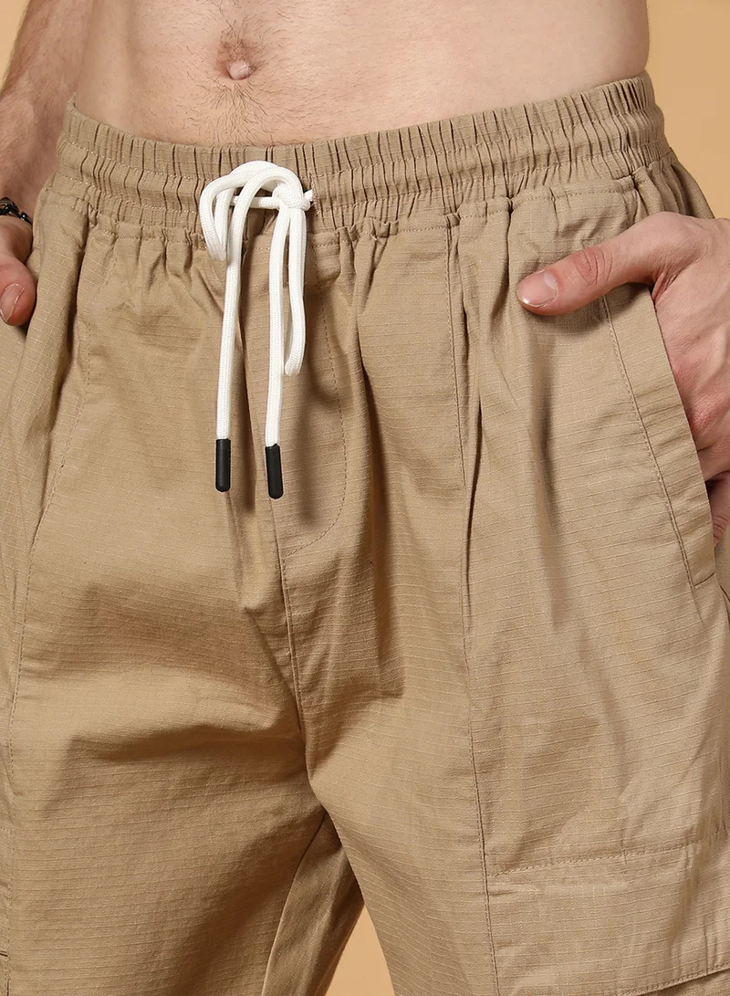 Campus Sutra Men's Khaki Brown Solid Utility Trousers
