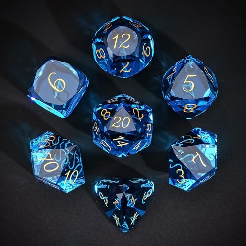 UDIXI 7Piece Glass Dice Set DD MultiFaceted DiamondCut Glass DND Dice for RPG Tabletop Games Blue - Image 1
